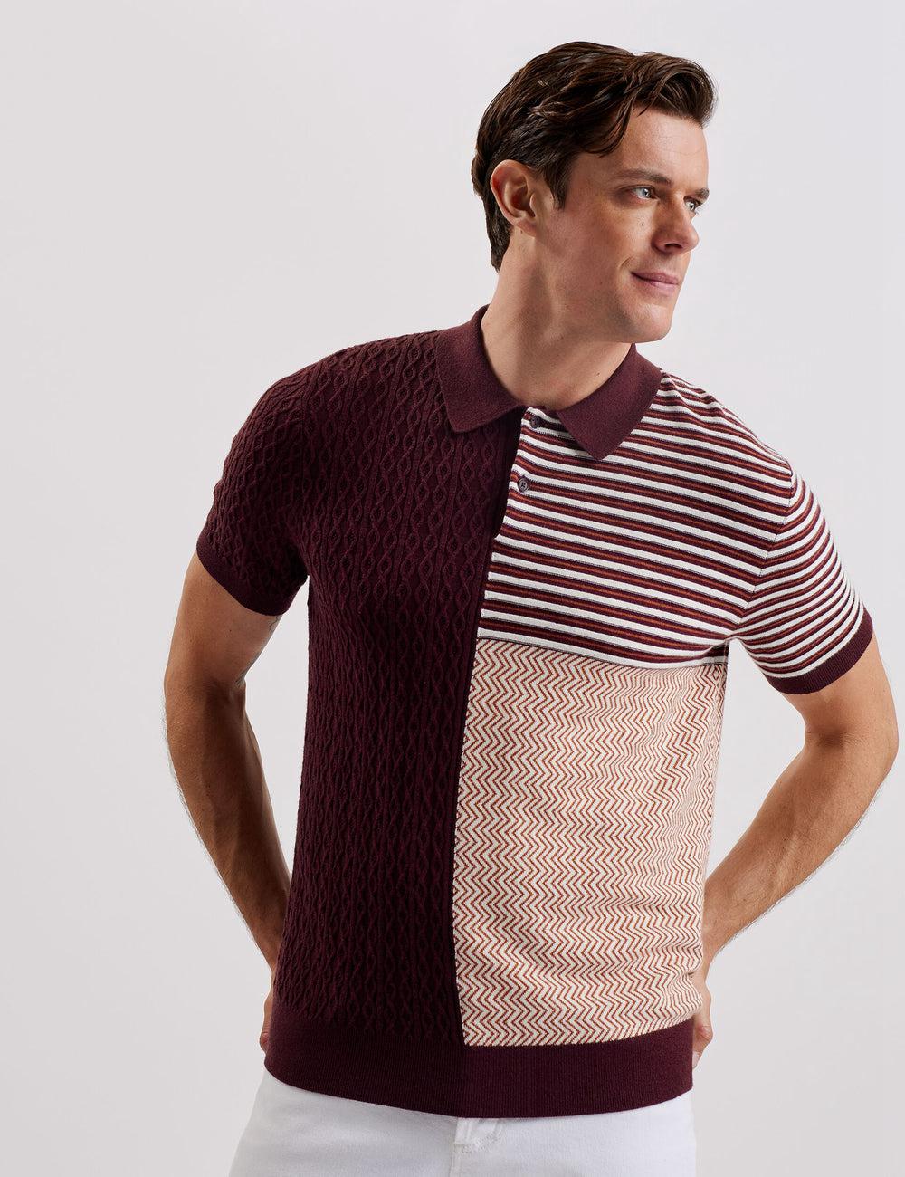 Maroon Ted Baker MINSTA - Textured Patchwork Knit Men Polos Shirts | SG  7941-AEYWP