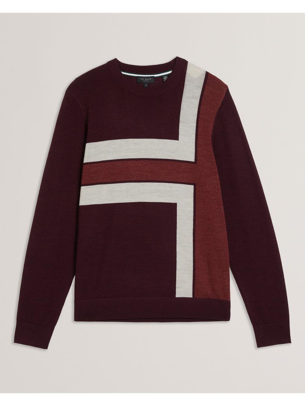 Maroon Ted Baker ROIKA - Colour Block Crew Neck Wool Men Jumpers | SG  7830-JNXRH