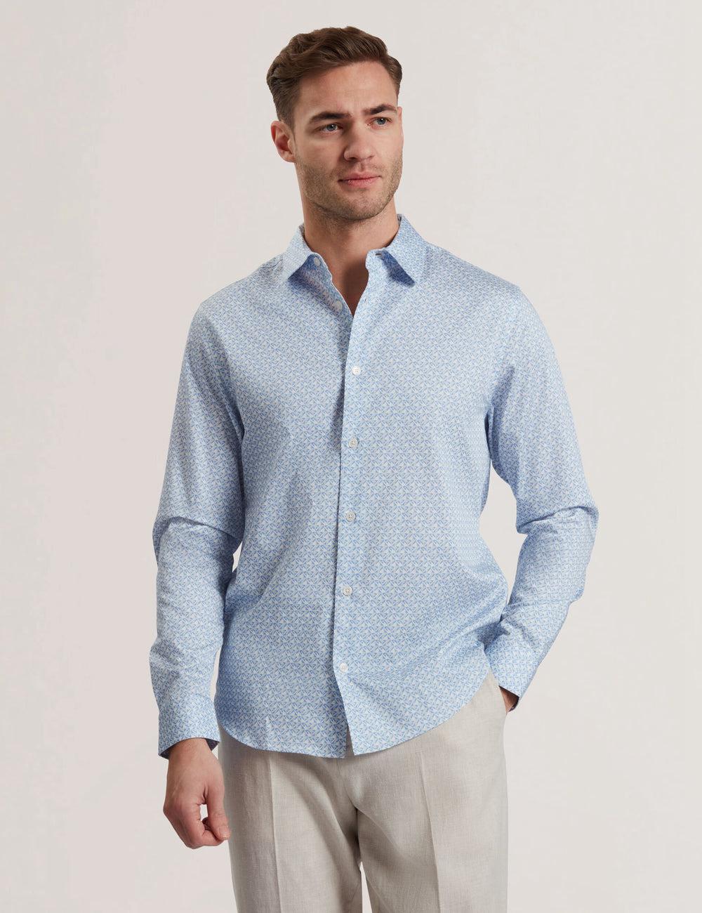 Mid-Blue Ted Baker ALPHAIS - Regular Fit Geometric Pure Cotton Men Casual Shirts | SG  4273-XAKVW