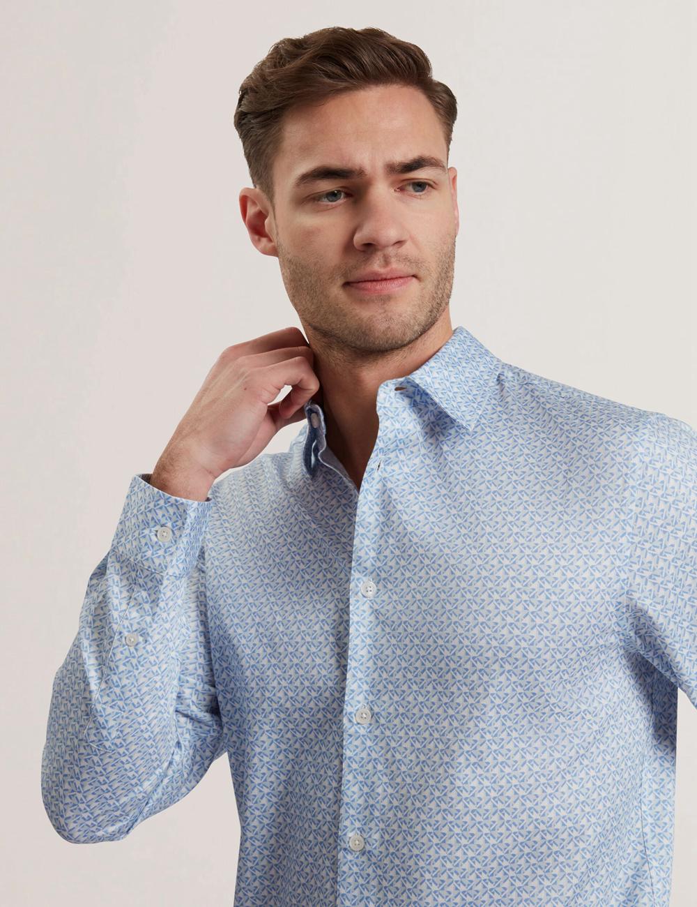 Mid-Blue Ted Baker ALPHAIS - Regular Fit Geometric Pure Cotton Men Casual Shirts | SG  4273-XAKVW