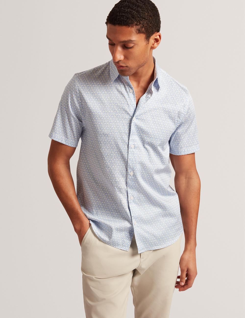 Mid-Blue Ted Baker ALPHSO - SS Regular Fit Geo Men Casual Shirts | SG  1564-LSWXO