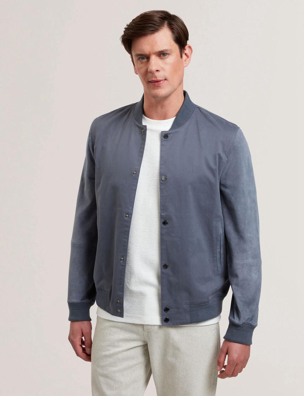 Mid-Blue Ted Baker LIAMS - Cotton Twill & Suede Bomber Men Jackets | SG  2169-FIRZN