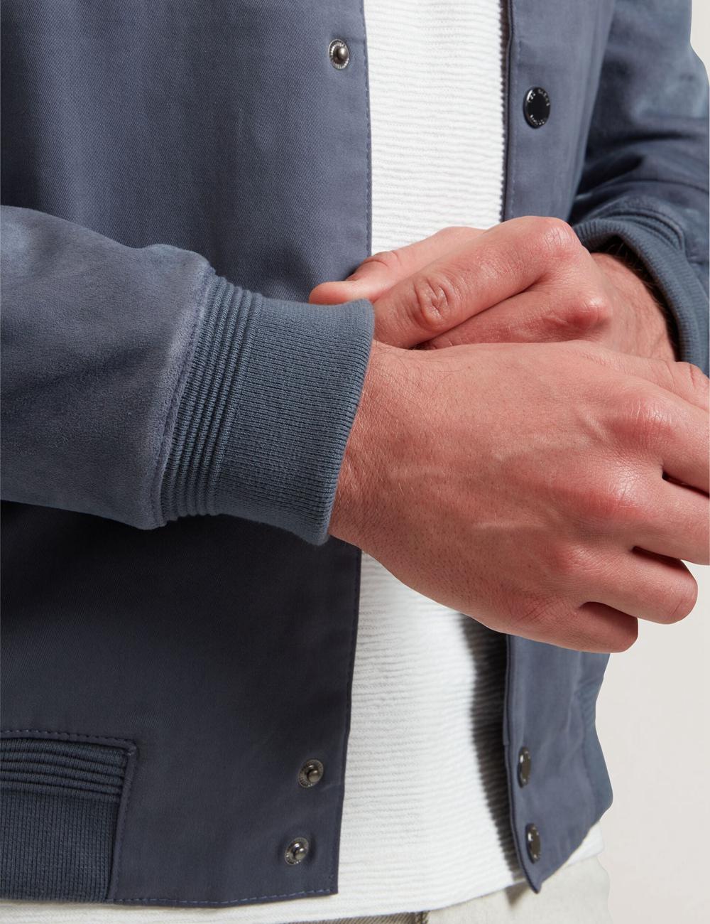 Mid-Blue Ted Baker LIAMS - Cotton Twill & Suede Bomber Men Jackets | SG  2169-FIRZN