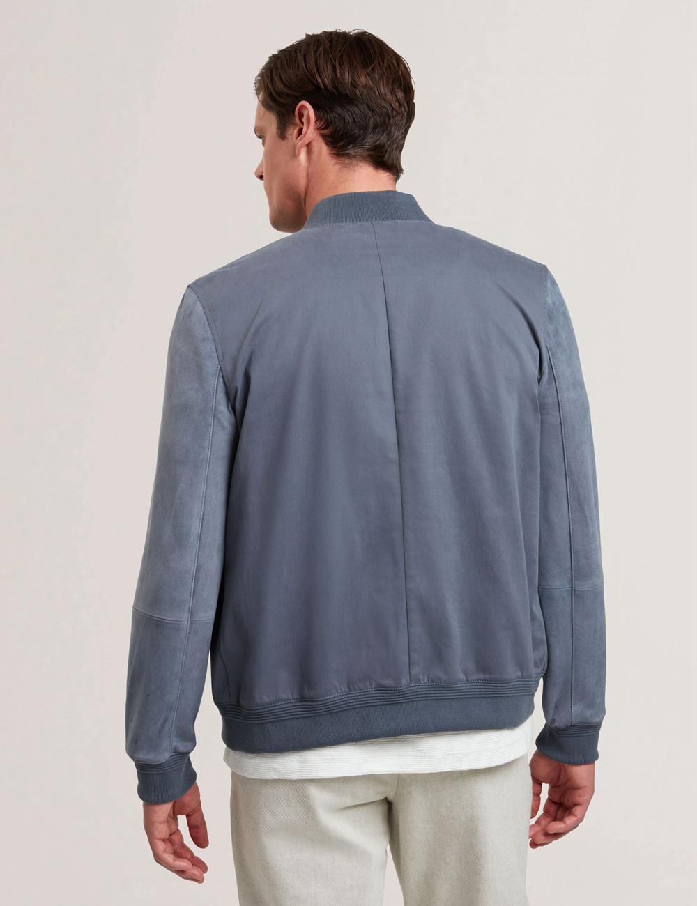 Mid-Blue Ted Baker LIAMS - Cotton Twill & Suede Bomber Men Jackets | SG  2169-FIRZN