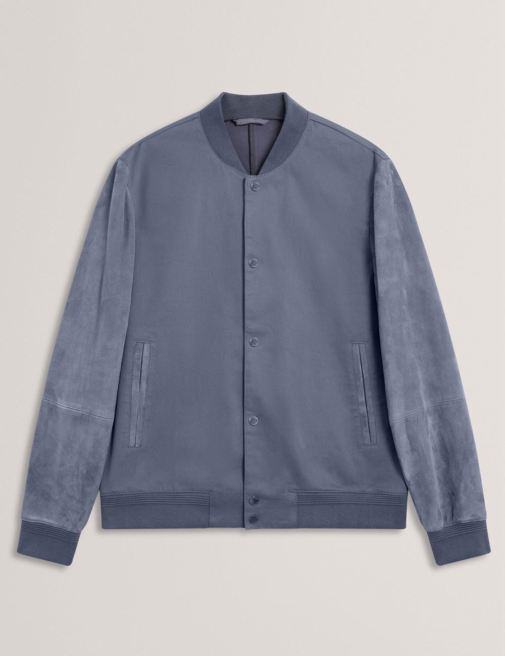 Mid-Blue Ted Baker LIAMS - Cotton Twill & Suede Bomber Men Jackets | SG  2169-FIRZN