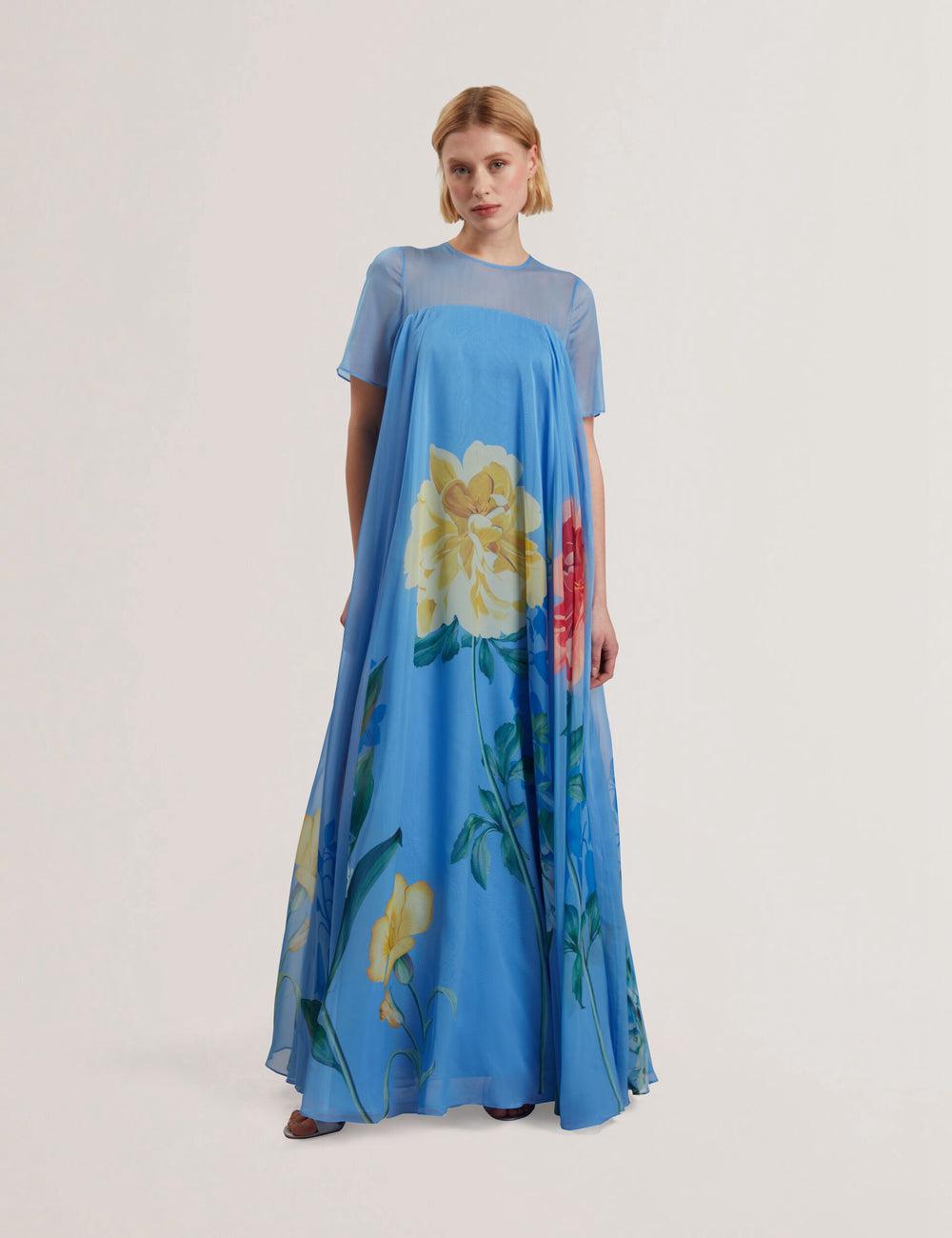 Mid-Blue Ted Baker MALRIE - Sheer Neck Floral Trapeze Women Maxi Dresses | SG  8062-ELFQS