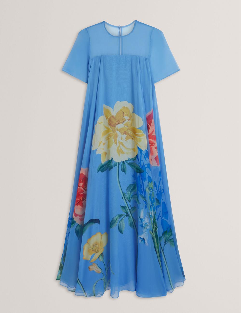 Mid-Blue Ted Baker MALRIE - Sheer Neck Floral Trapeze Women Maxi Dresses | SG  8062-ELFQS