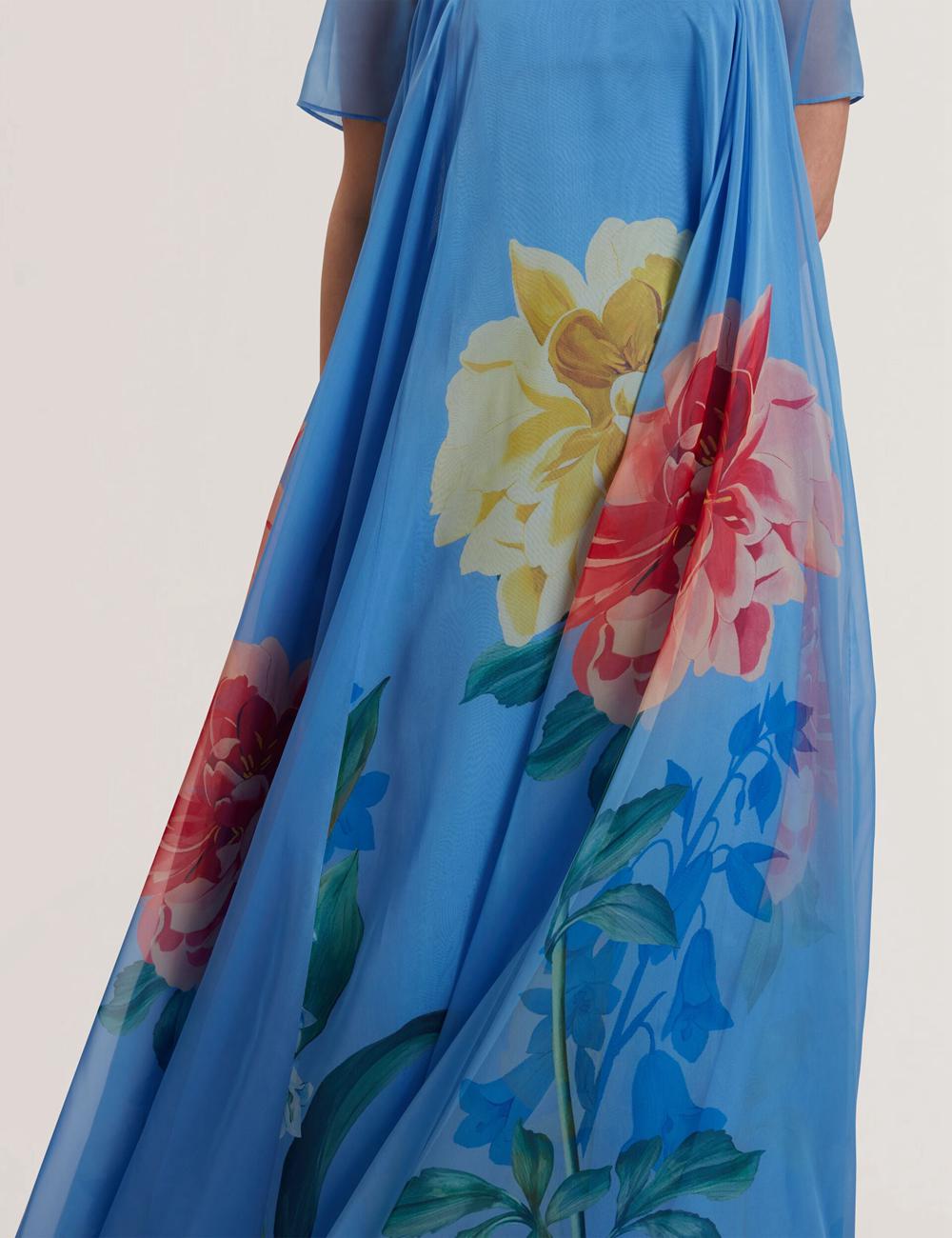 Mid-Blue Ted Baker MALRIE - Sheer Neck Floral Trapeze Women Maxi Dresses | SG  8062-ELFQS