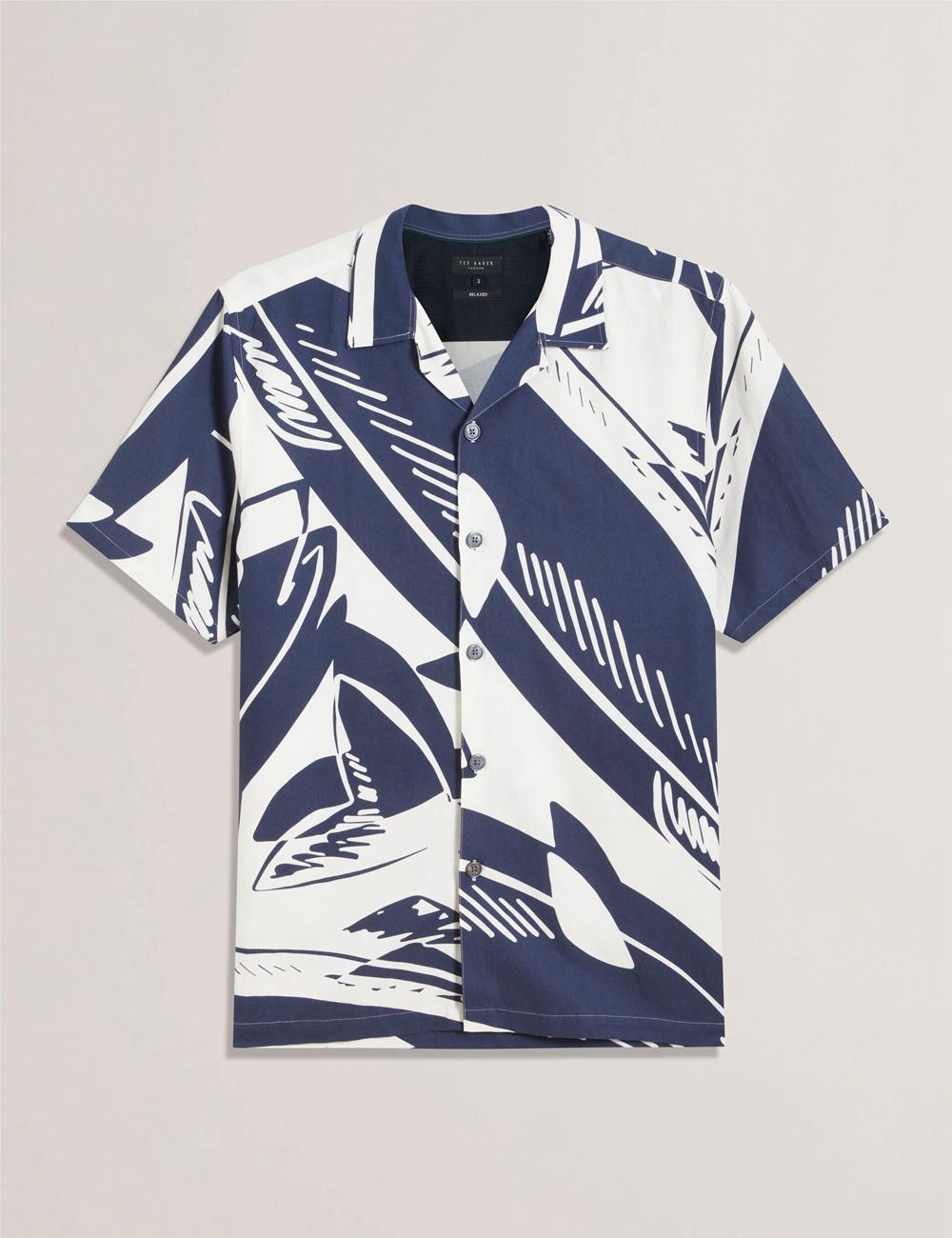 Mid-Navy Ted Baker HEUKELS - Short Sleeve Relaxed Fish Print Men Casual Shirts | SG  3651-YSZKL