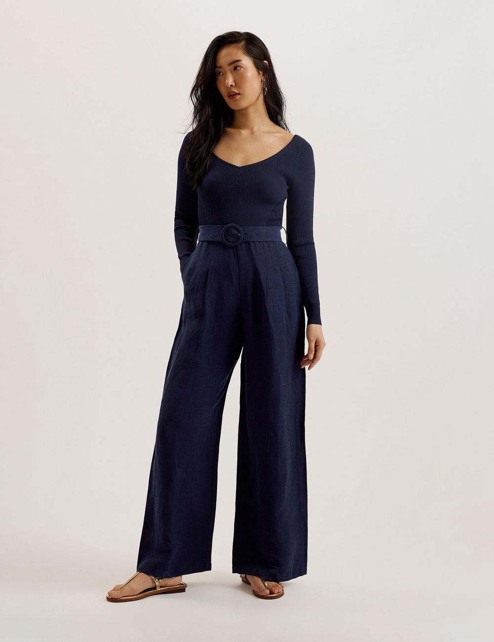 Navy Ted Baker AGATEA - Off Shoulder Belted Wide Leg Women Jumpsuits | SG  4965-BAXPO