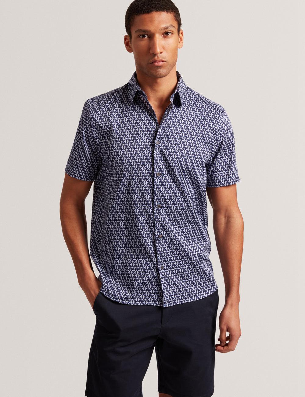 Navy Ted Baker ALPHSO SS Regular Fit Geo Men Casual Shirts | SG  2089-DZRYS