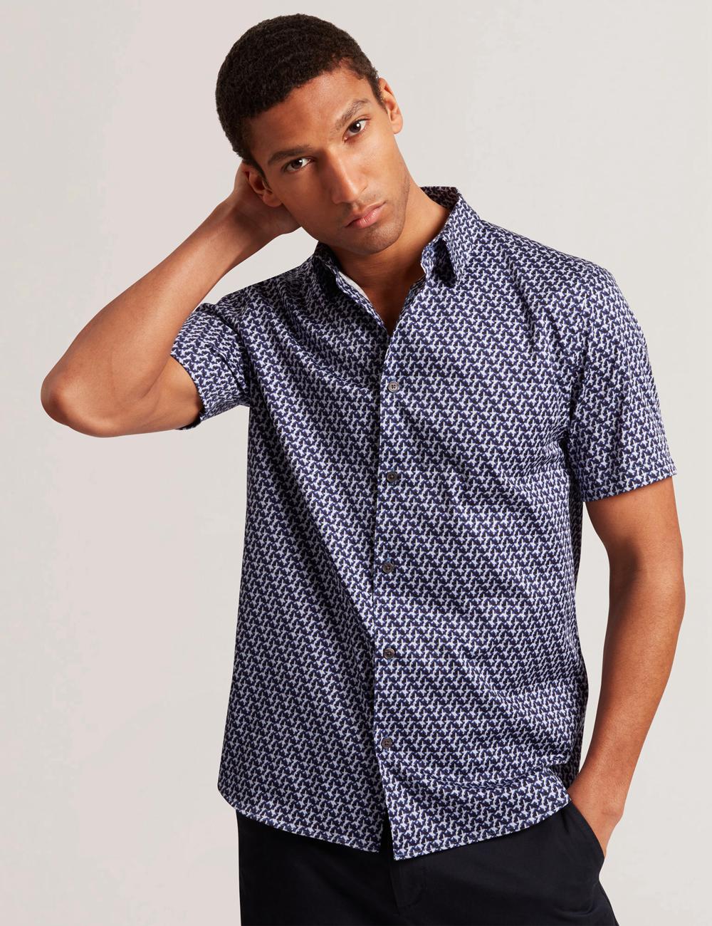 Navy Ted Baker ALPHSO SS Regular Fit Geo Men Casual Shirts | SG  2089-DZRYS