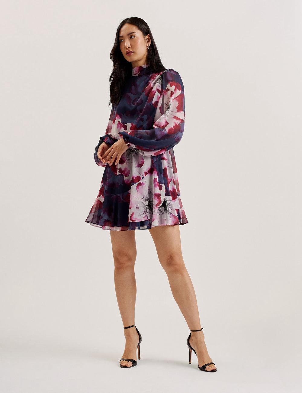 Navy Ted Baker ARACELY - Floral High Neck Long Sleeve Women Mini Dresses | SG  3194-VYOSA