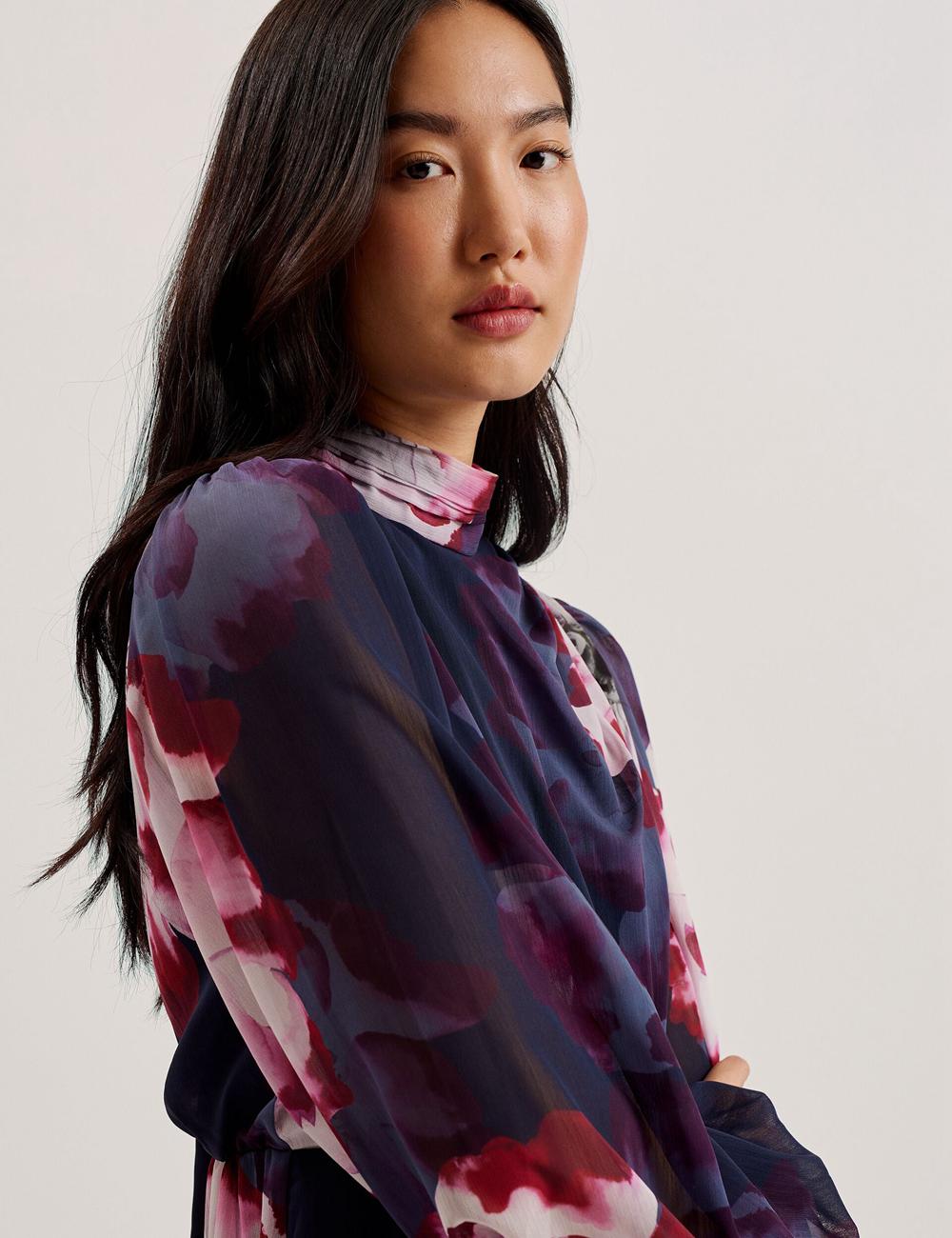 Navy Ted Baker ARACELY - Floral High Neck Long Sleeve Women Mini Dresses | SG  3194-VYOSA