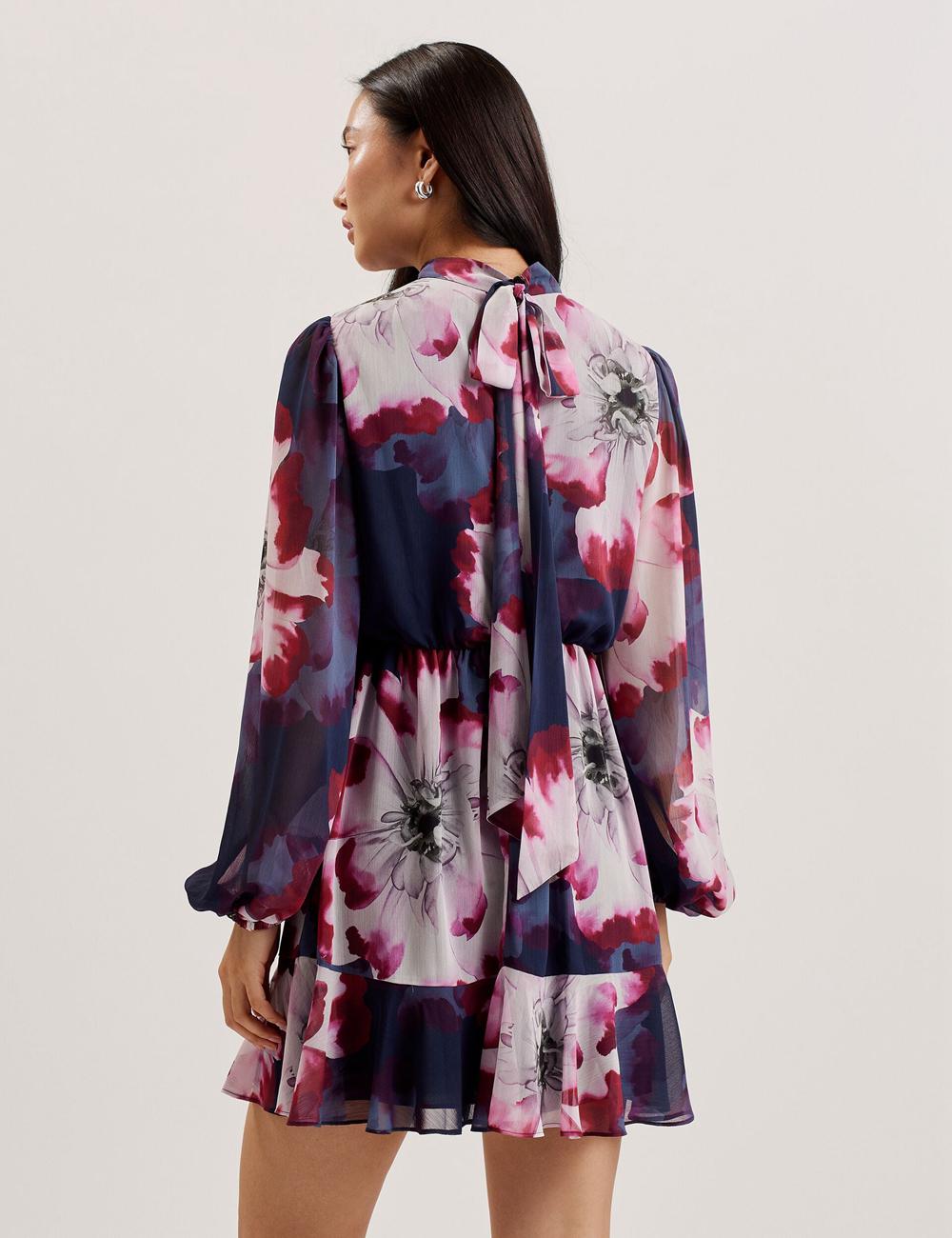 Navy Ted Baker ARACELY - Floral High Neck Long Sleeve Women Mini Dresses | SG  3194-VYOSA