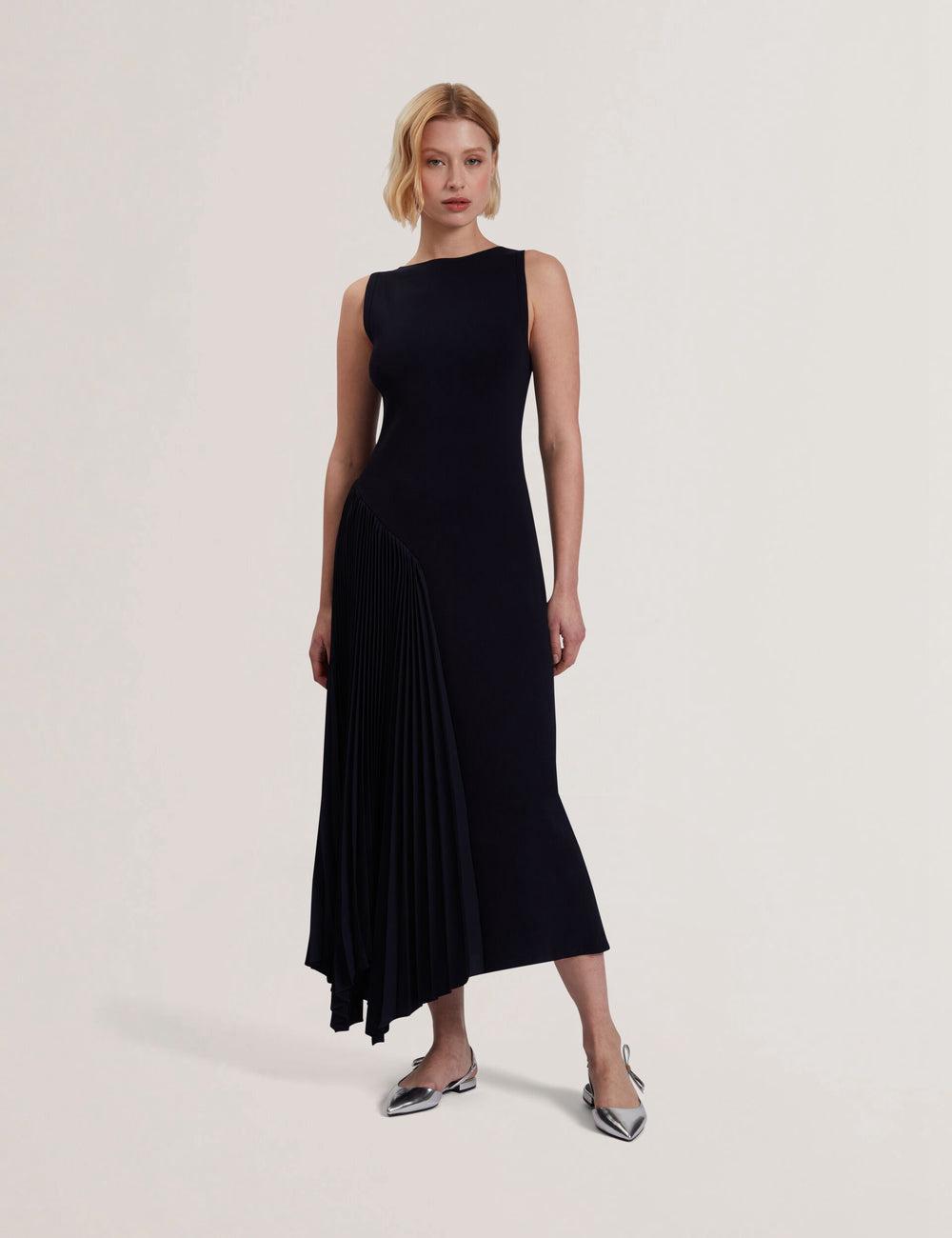 Navy Ted Baker AZZINA - Pleated Panel Sleeveless Knitted Women Midi Dresses | SG  5829-LHVEX