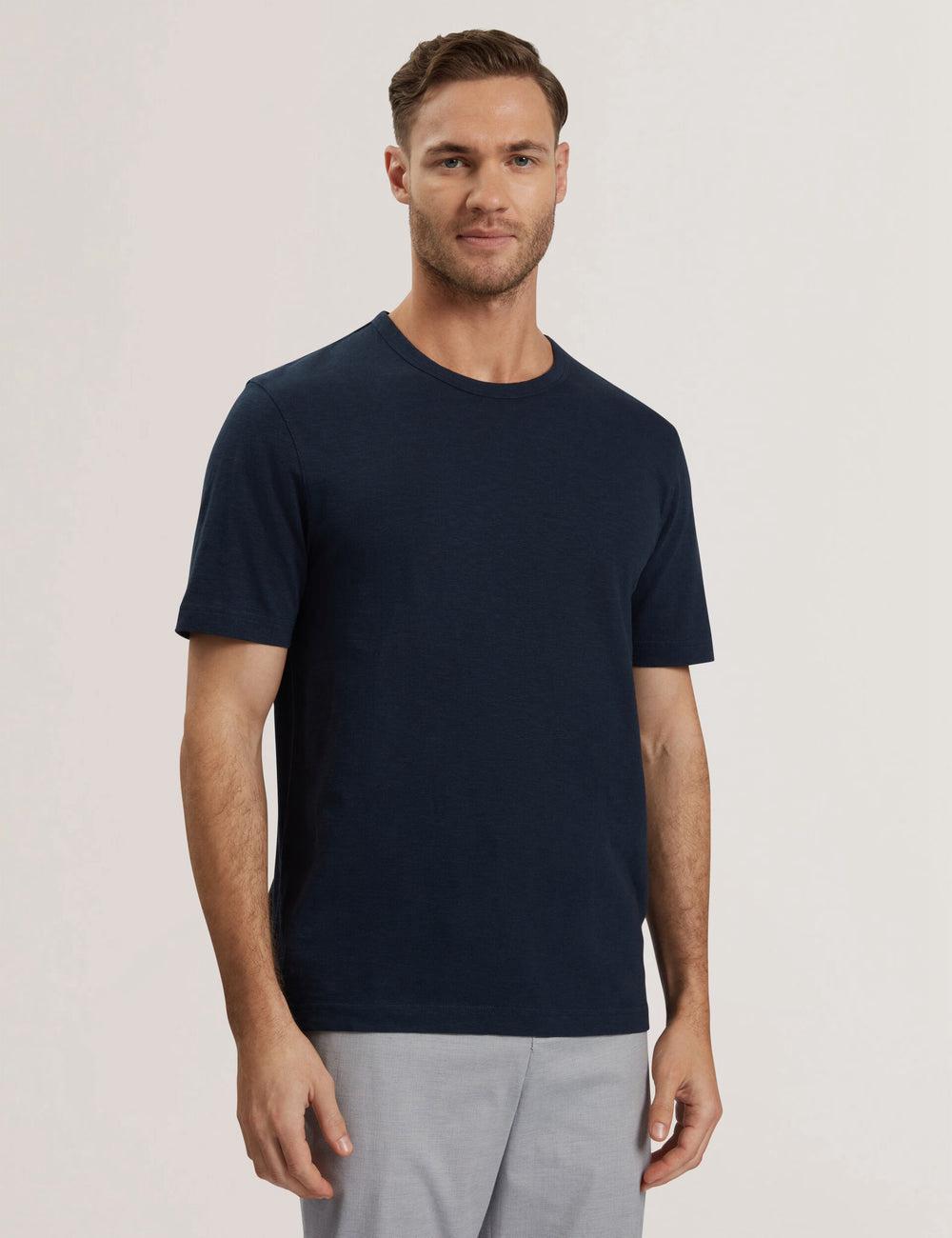Navy Ted Baker BARTOL - Regular Cotton Linen Crew Neck Men T-Shirts | SG  2347-JCYIG