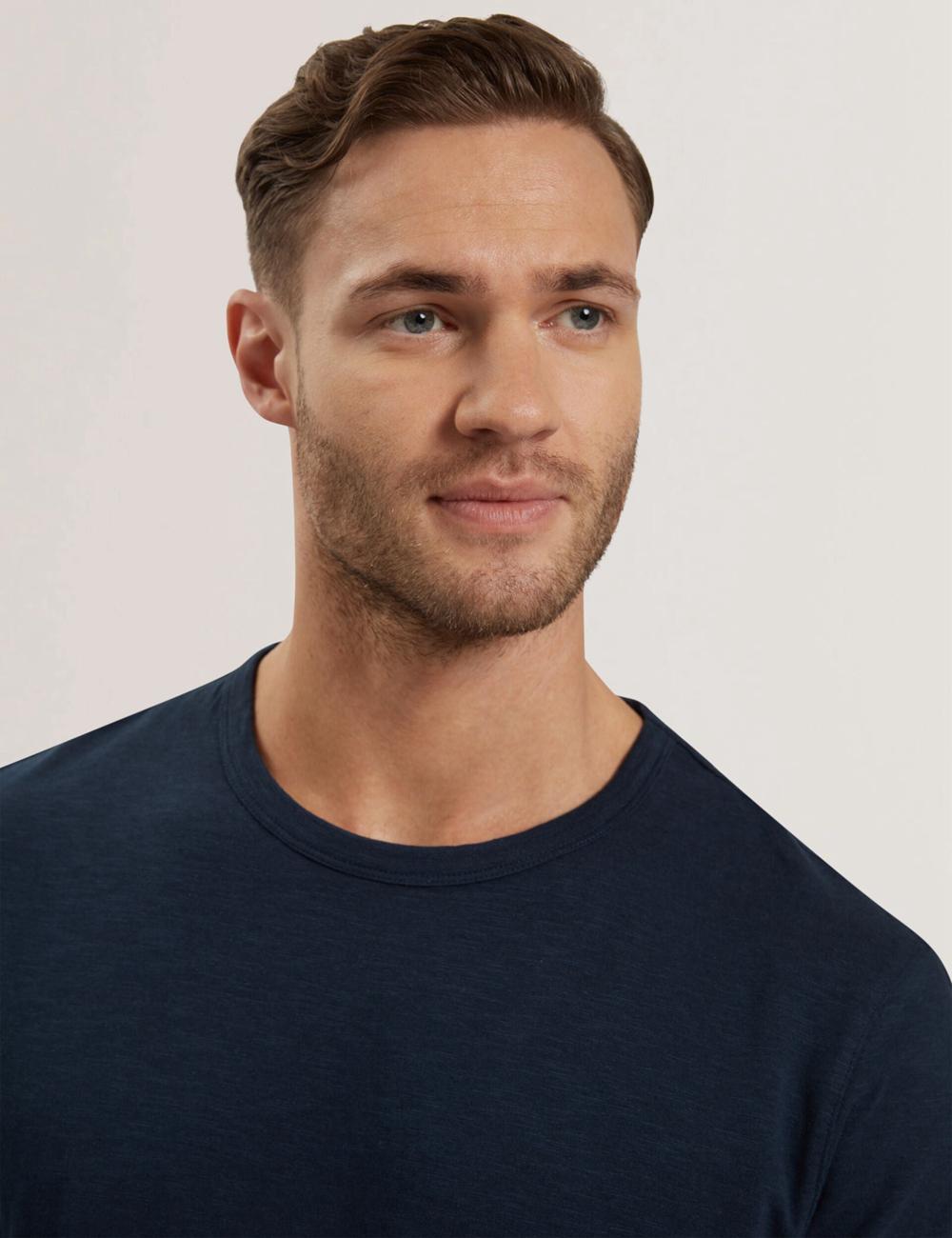 Navy Ted Baker BARTOL - Regular Cotton Linen Crew Neck Men T-Shirts | SG  2347-JCYIG