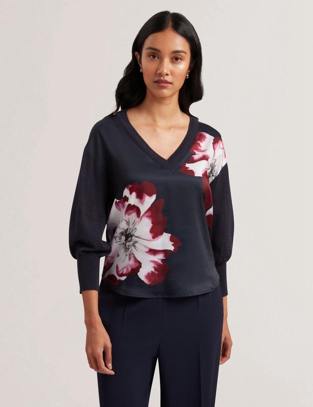Navy Ted Baker CASEYJ - Printed Woven Front V-Neck Women Jumpers | SG  9620-RQGLX