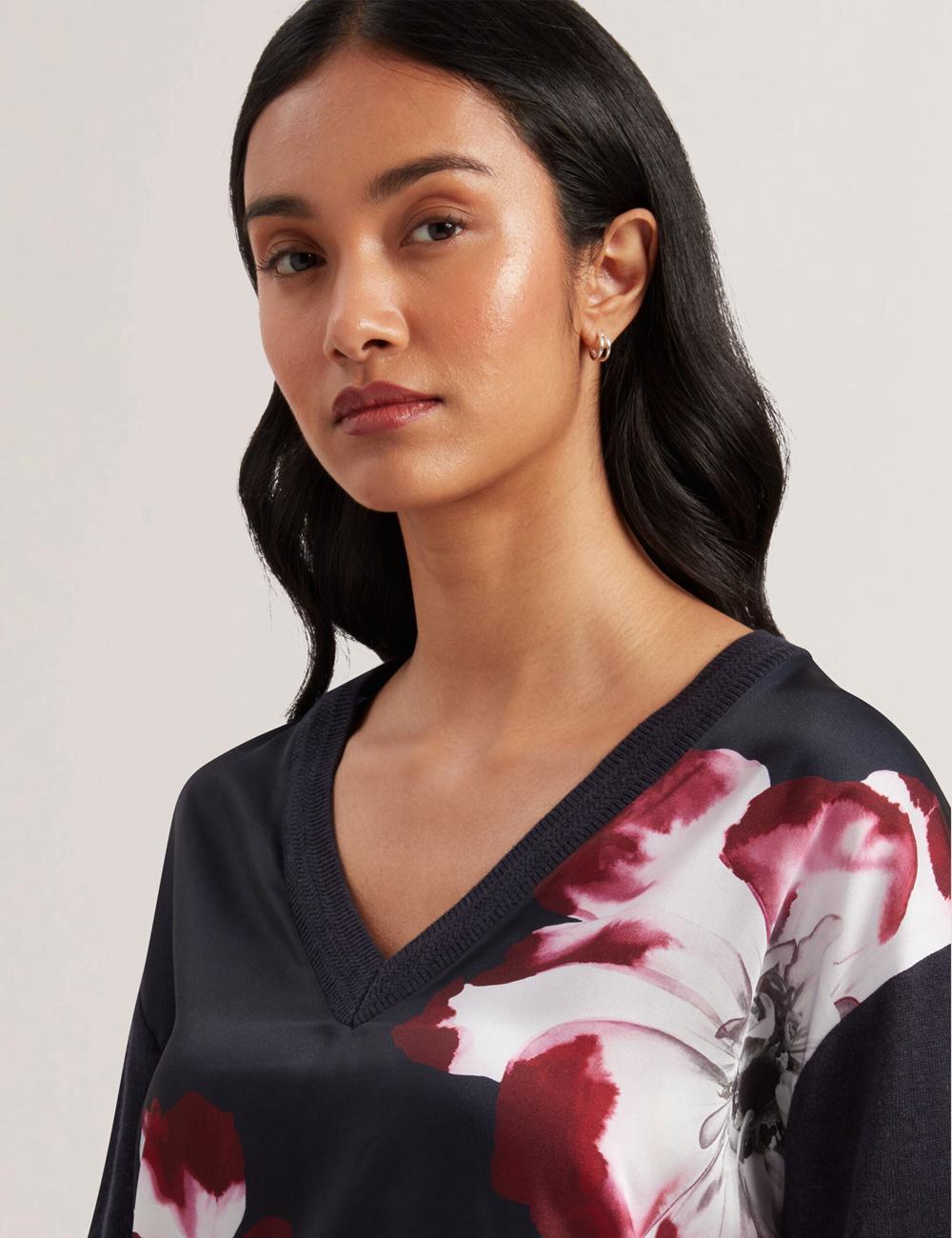 Navy Ted Baker CASEYJ - Printed Woven Front V-Neck Women Jumpers | SG  9620-RQGLX