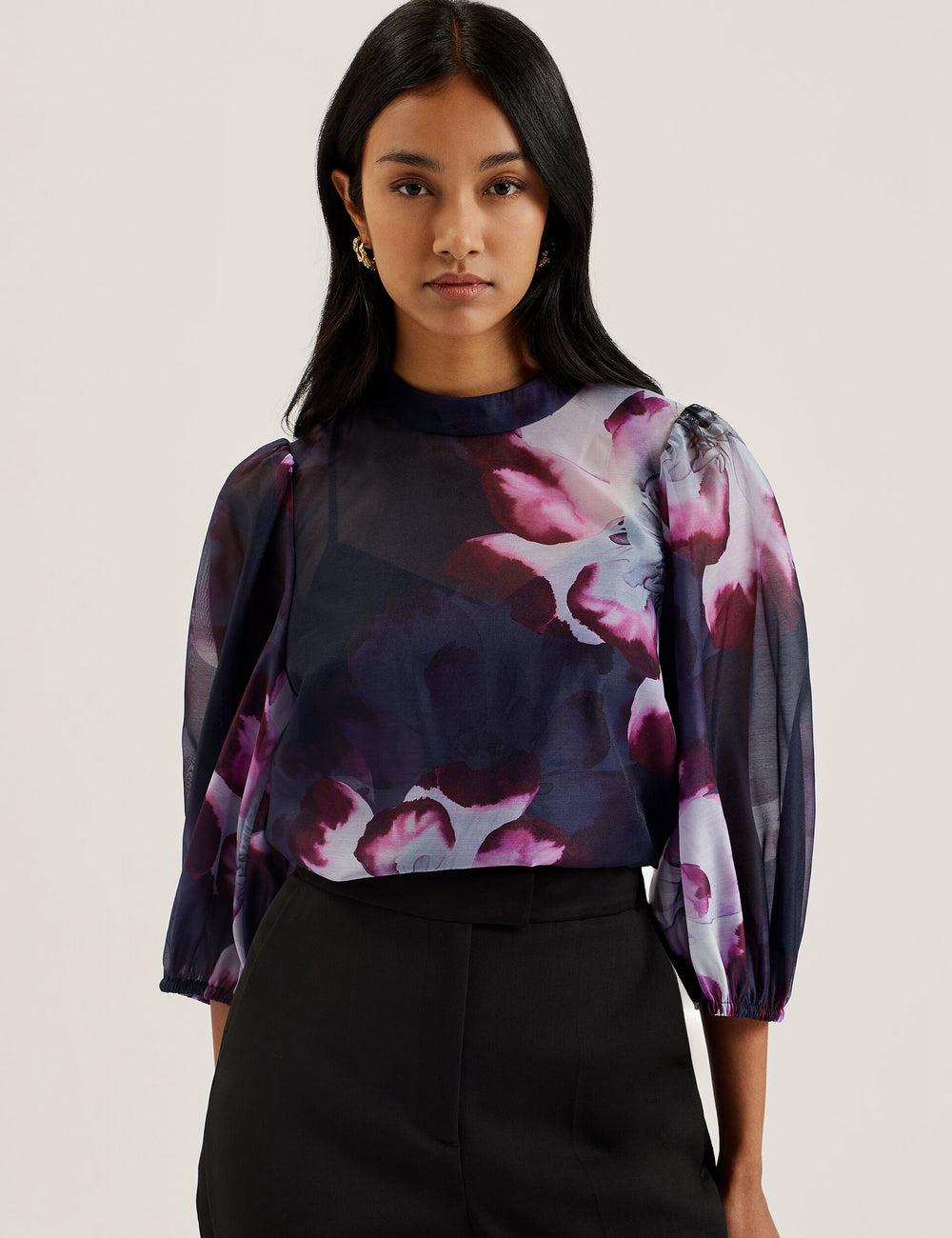 Navy Ted Baker CATALO - Floral Print Balloon Sleeve Organza Top Women Blouses | SG  7289-KBDFG