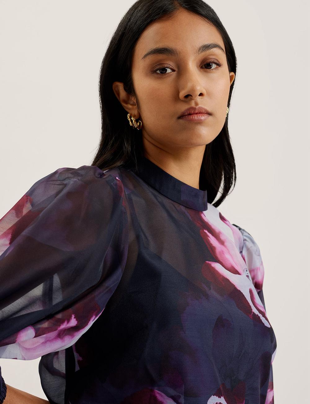 Navy Ted Baker CATALO - Floral Print Balloon Sleeve Organza Top Women Blouses | SG  7289-KBDFG