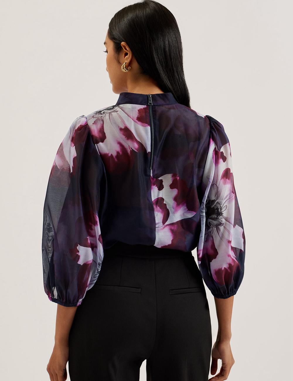 Navy Ted Baker CATALO - Floral Print Balloon Sleeve Organza Top Women Blouses | SG  7289-KBDFG