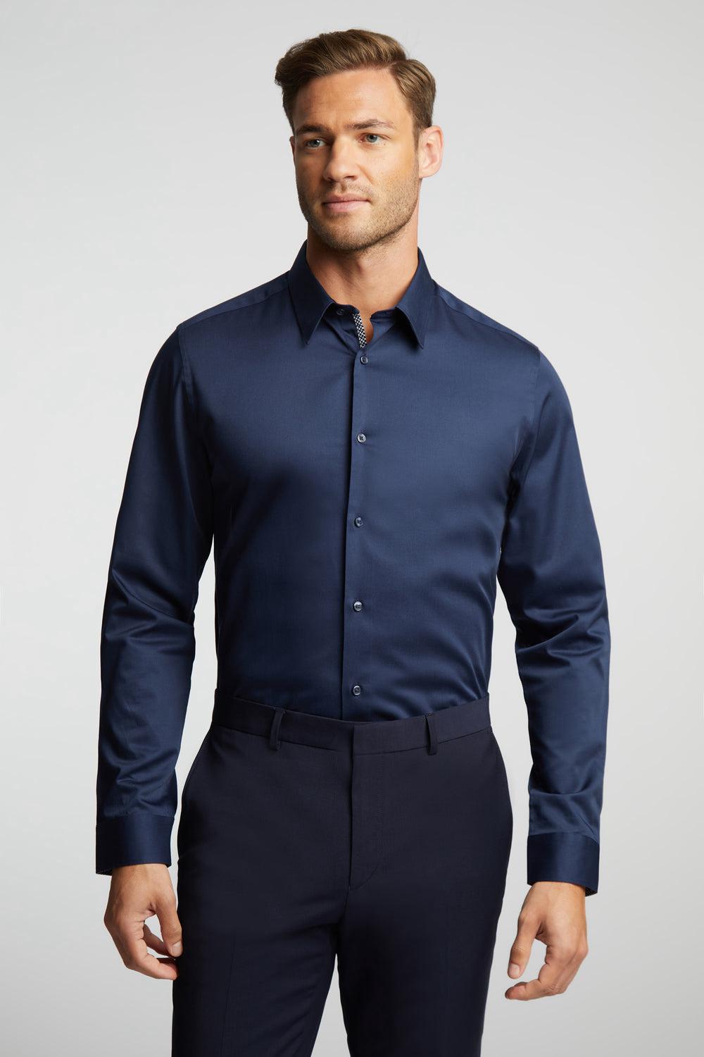 Navy Ted Baker DUDDON - Navy Slim Fit Long Sleeve Cotton Men Formal Shirts | SG  0852-SKUCZ