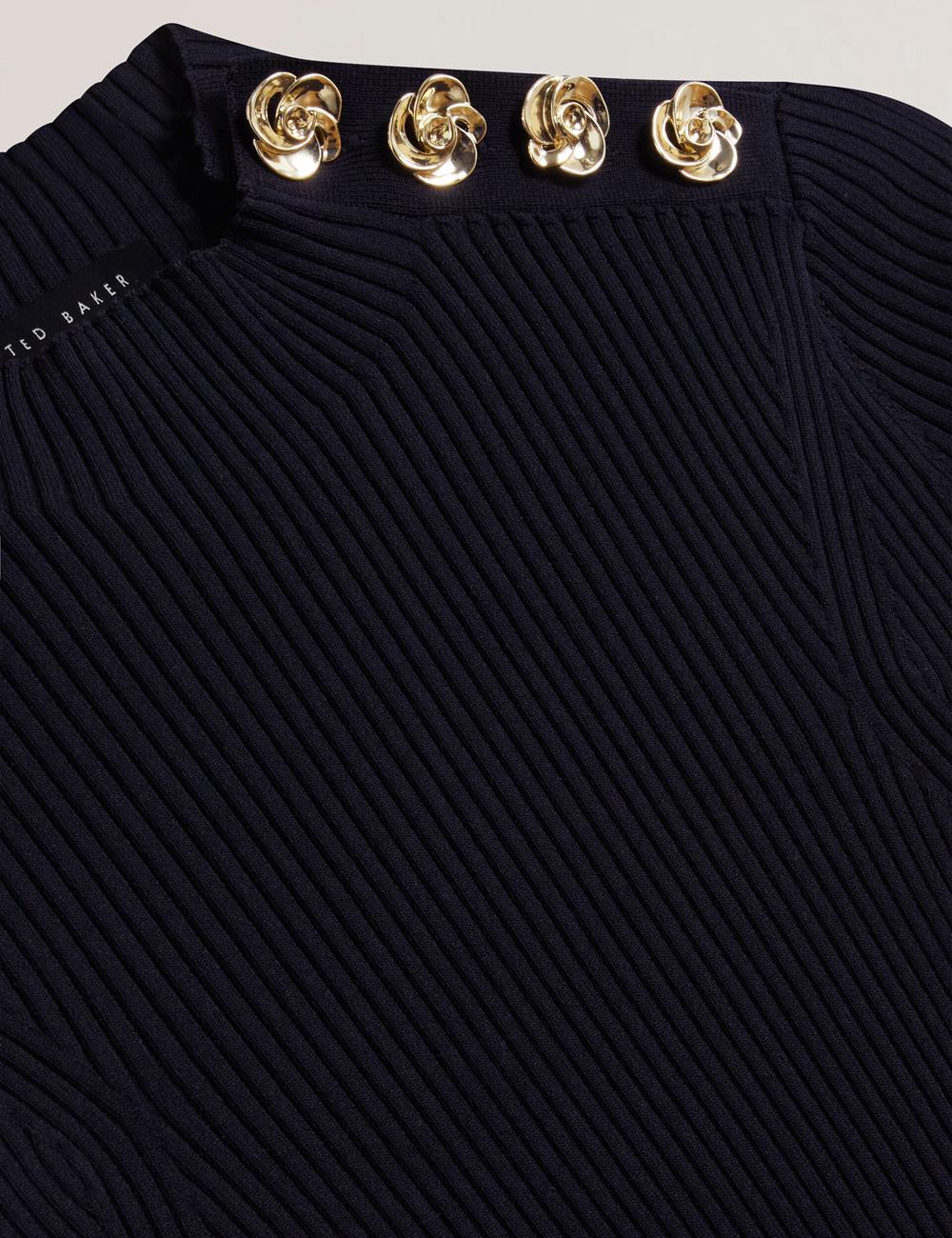 Navy Ted Baker EELIIA - Ribbed Knit Short Sleeve With Rose Buttons Women Tops | SG  5930-WNCRA