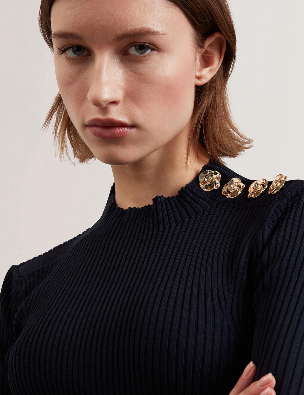 Navy Ted Baker EELIIA - Ribbed Knit Short Sleeve With Rose Buttons Women Tops | SG  5930-WNCRA