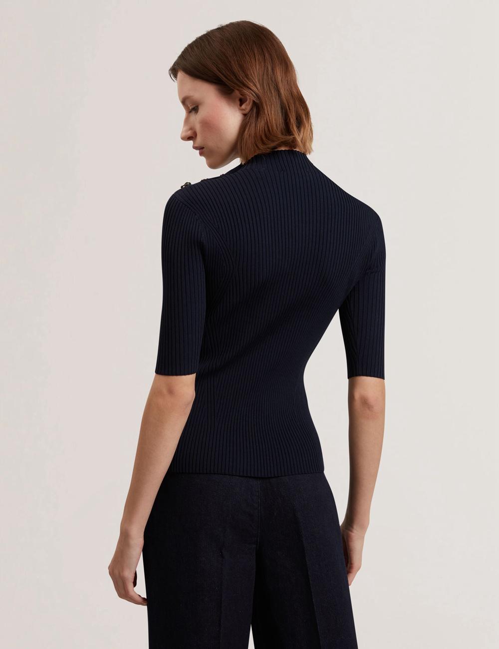 Navy Ted Baker EELIIA - Ribbed Knit Short Sleeve With Rose Buttons Women Tops | SG  5930-WNCRA