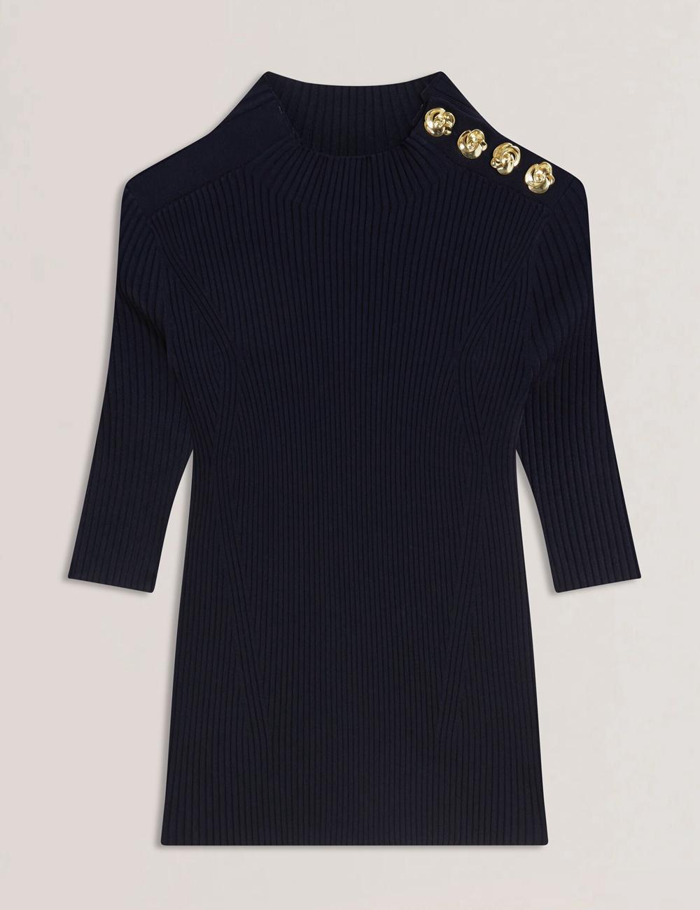 Navy Ted Baker EELIIA - Ribbed Knit Short Sleeve With Rose Buttons Women Tops | SG  5930-WNCRA