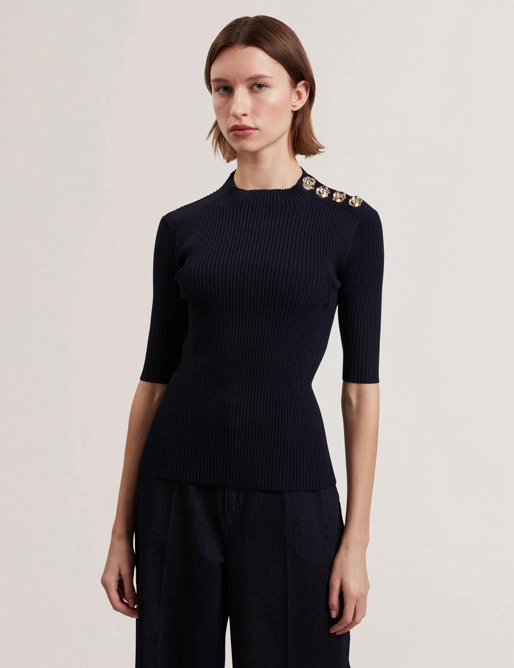 Navy Ted Baker EELIIA - Ribbed Knit Short Sleeve With Rose Buttons Women Tops | SG  5930-WNCRA