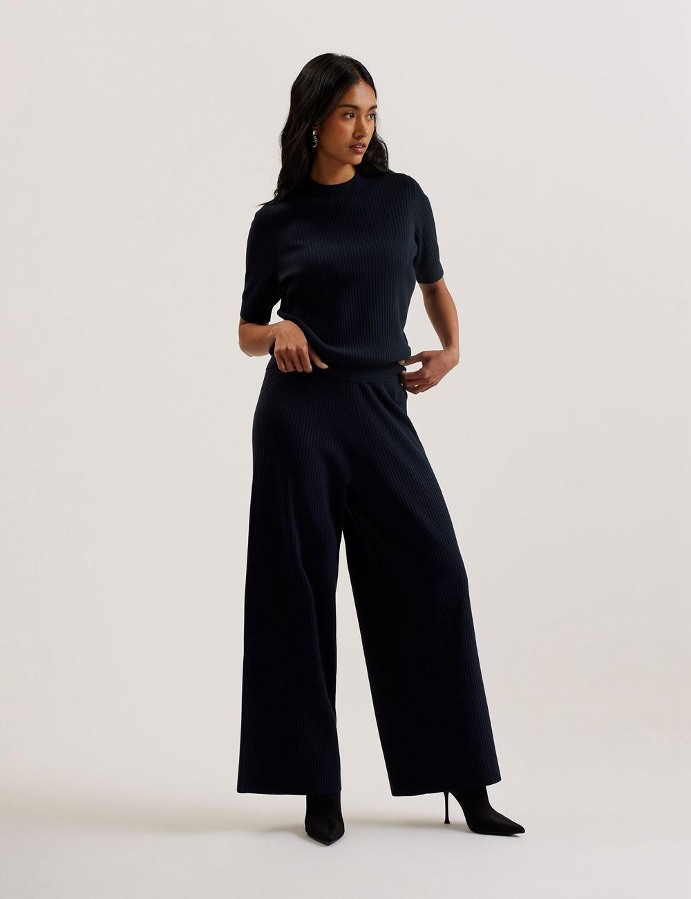 Navy Ted Baker ELLIHAA - Ribbed Knit Half Sleeve Women Tops | SG  1839-SWODM