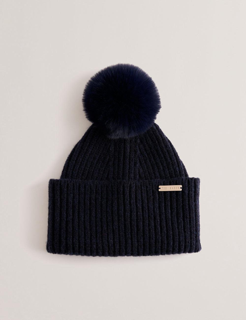 Navy Ted Baker EMILYYA - Ribbed Knit Fluffy Bobble Women Hats | SG  5830-KFXZV