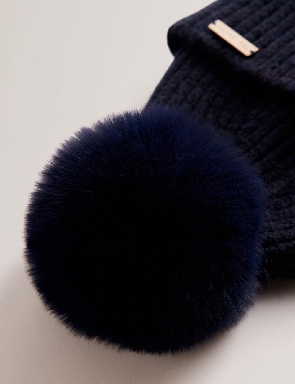 Navy Ted Baker EMILYYA - Ribbed Knit Fluffy Bobble Women Hats | SG  5830-KFXZV
