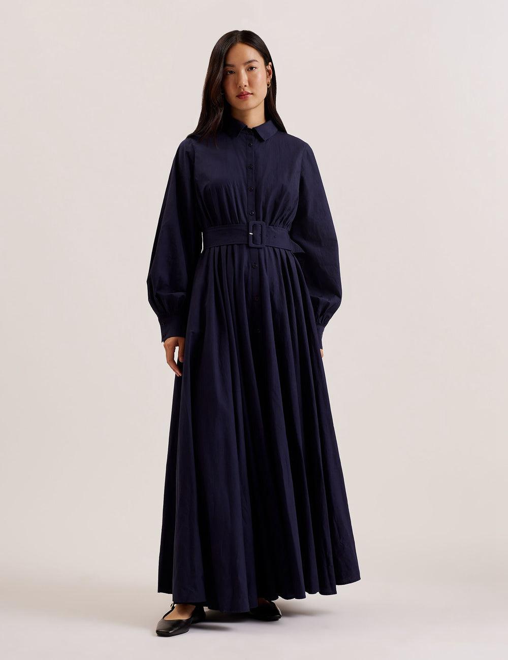 Navy Ted Baker ENE - Cotton Maxi Shirt Dress With Belt Women Maxi Dresses | SG  2059-DHBQP