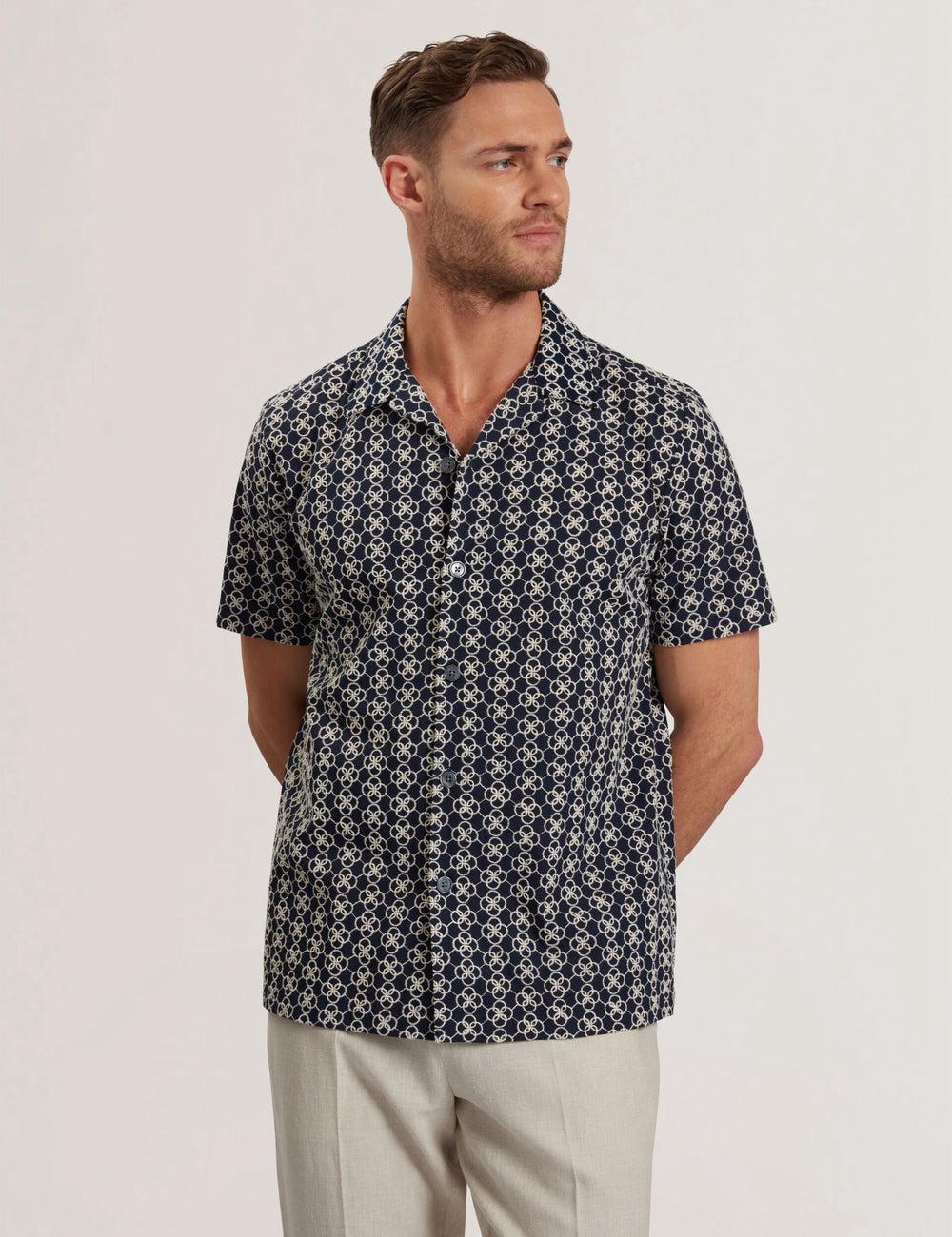 Navy Ted Baker FINLAYS - Short Sleeve Relaxed Embroidered Men Casual Shirts | SG  3218-INKST