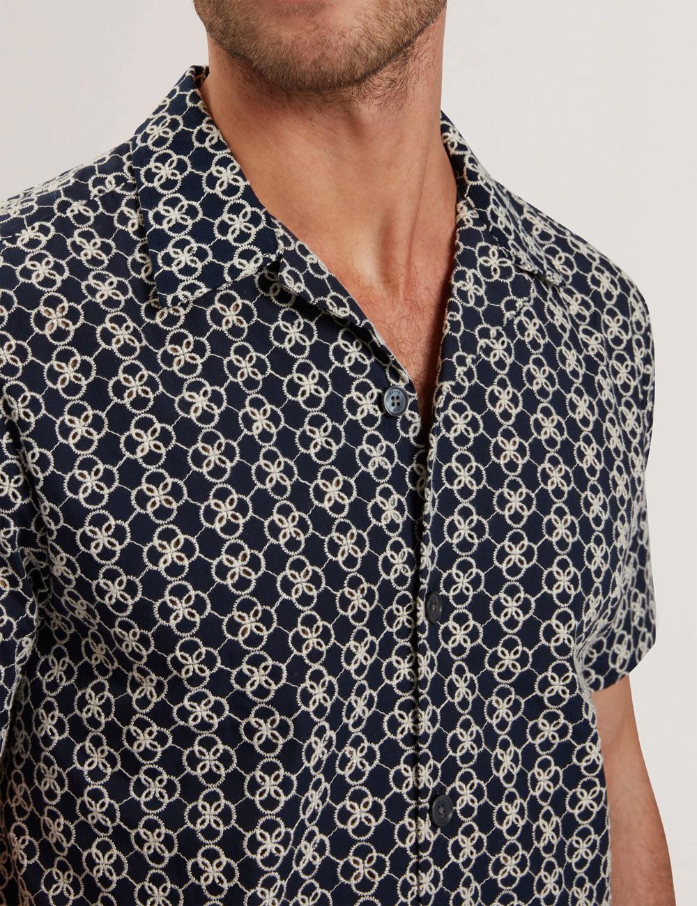 Navy Ted Baker FINLAYS - Short Sleeve Relaxed Embroidered Men Casual Shirts | SG  3218-INKST
