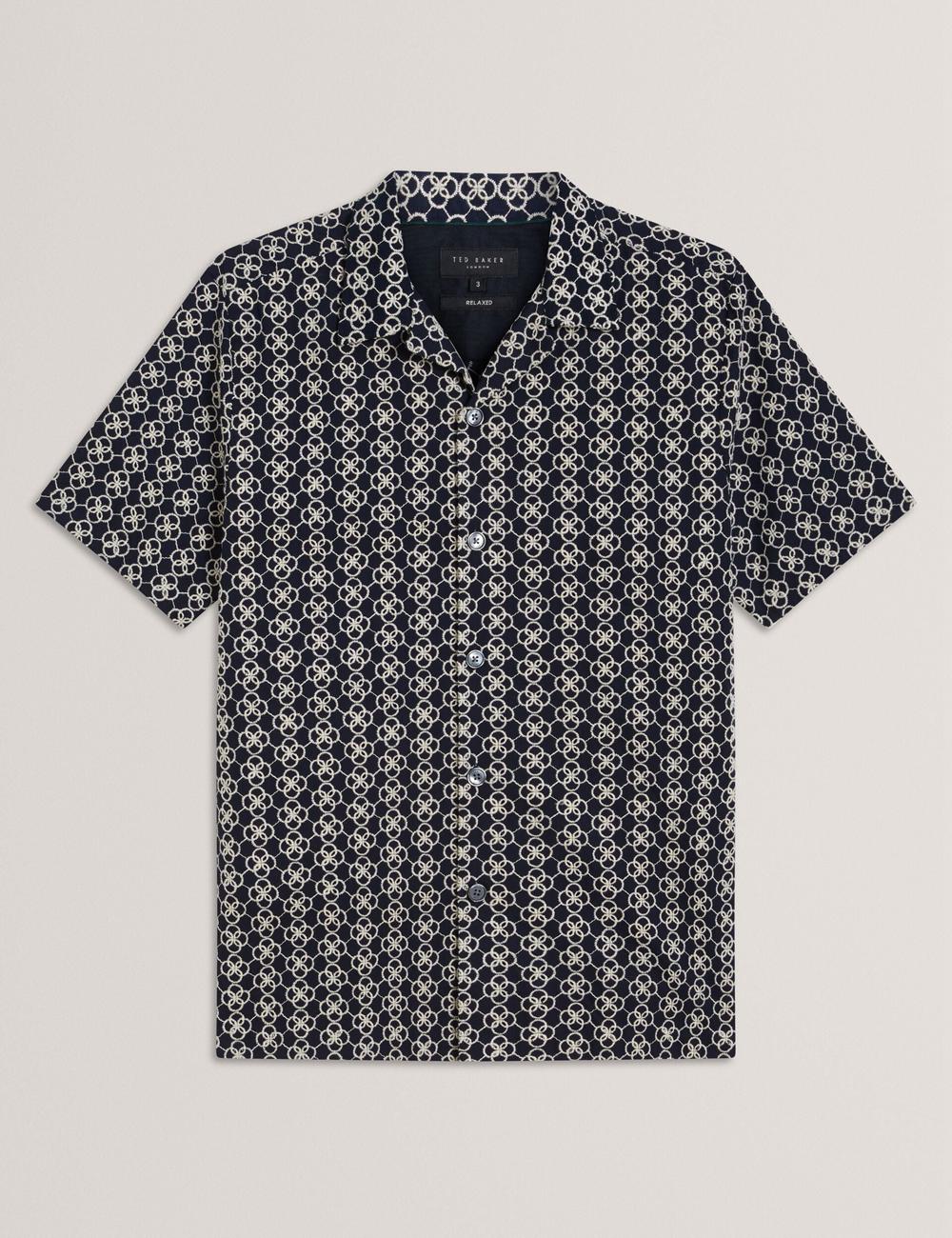 Navy Ted Baker FINLAYS - Short Sleeve Relaxed Embroidered Men Casual Shirts | SG  3218-INKST