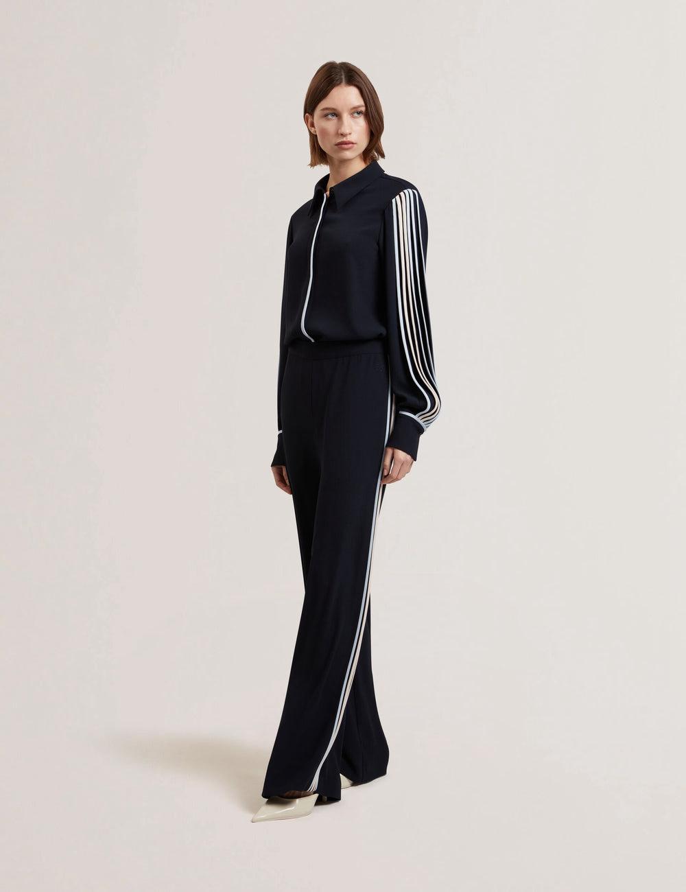 Navy Ted Baker GORJJA - Piping Detail Wide Leg Crepe Women Trousers | SG  2795-FNPEB