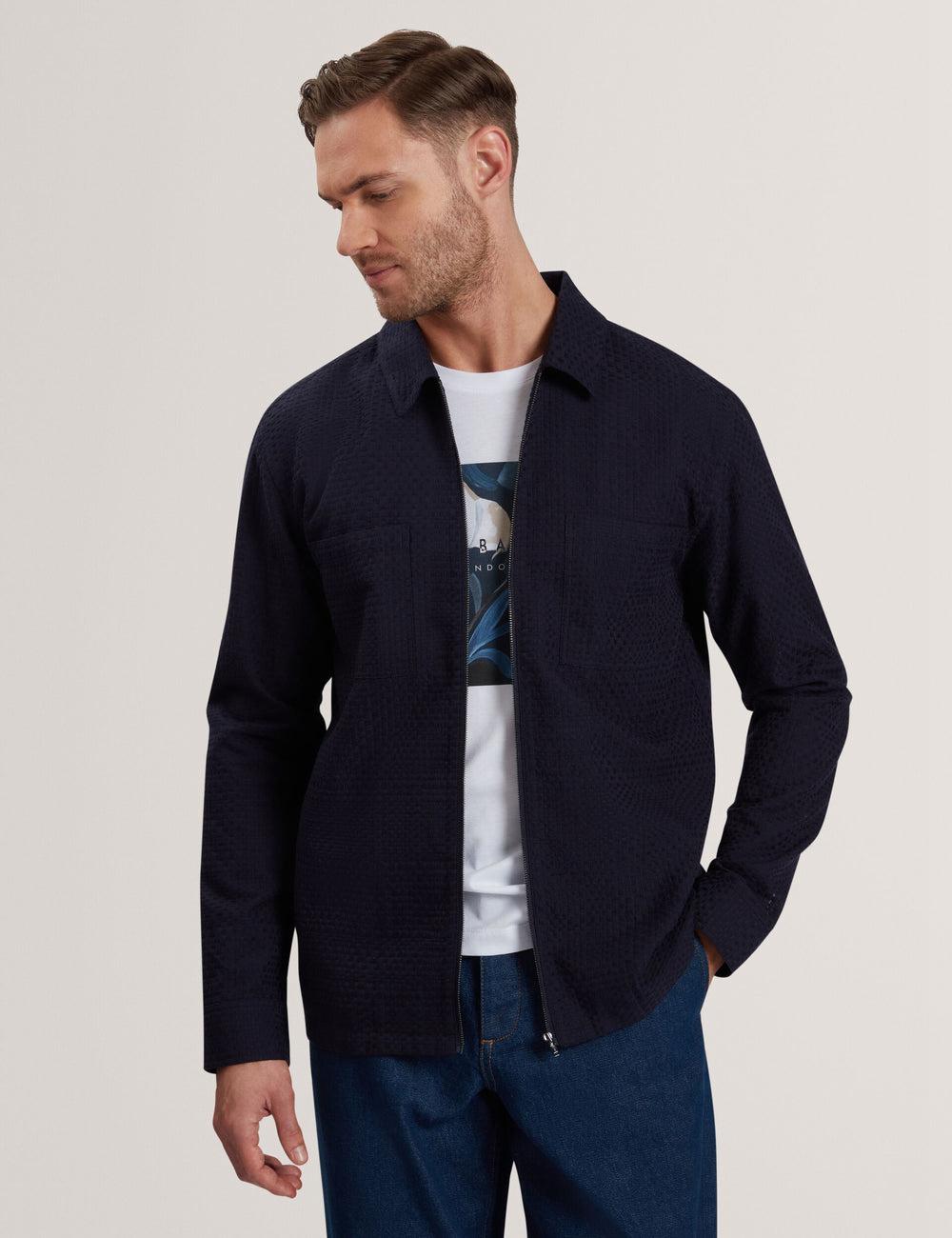 Navy Ted Baker KAILINS - Long Sleeve Zip-Through Cotton Overshirt Men Overshirts | SG  3925-MSBHJ