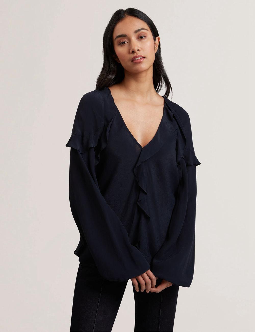 Navy Ted Baker KAYFA - Waterfall Ruffle Trim Long Sleeve Women Blouses | SG  7134-CTPDV