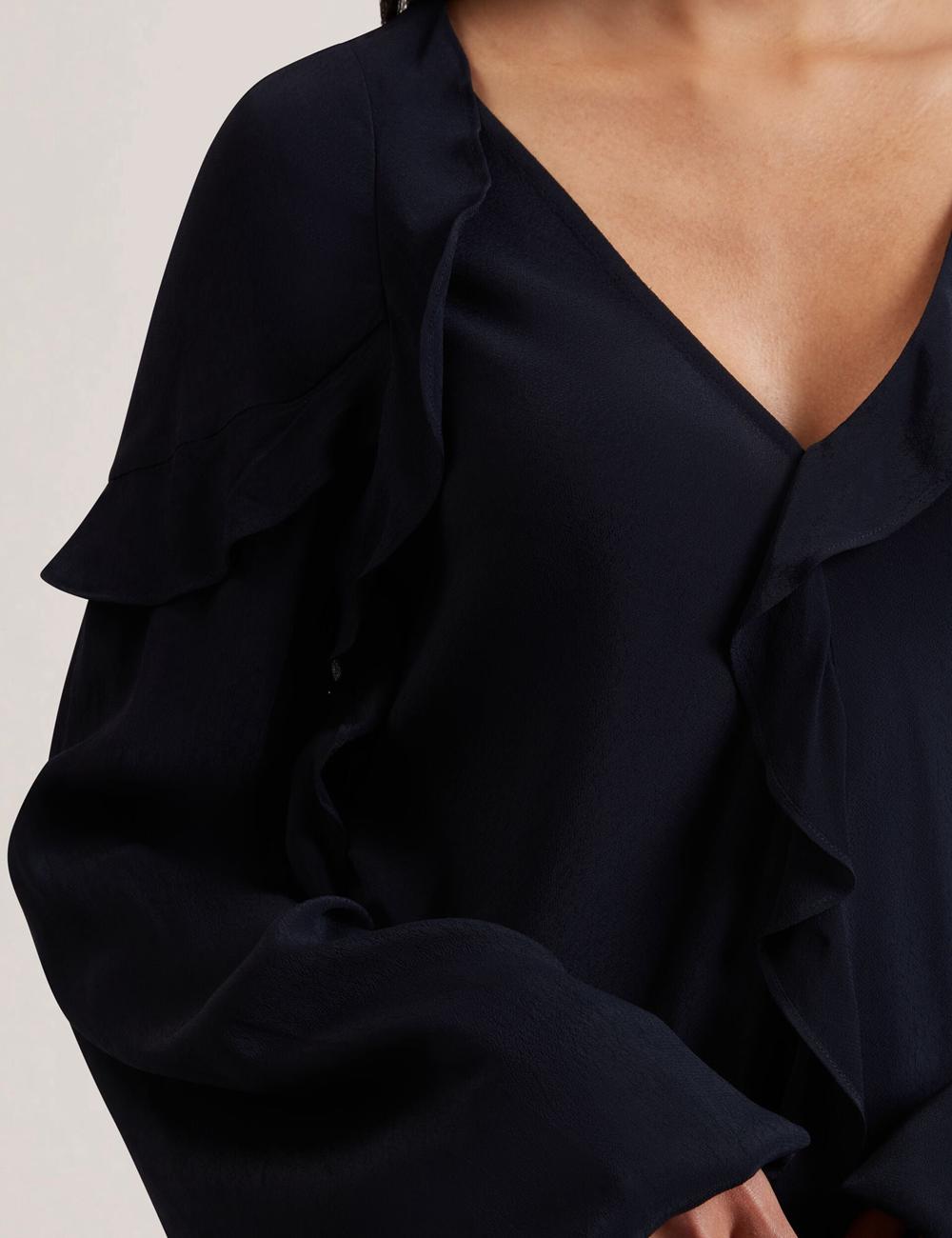 Navy Ted Baker KAYFA - Waterfall Ruffle Trim Long Sleeve Women Blouses | SG  7134-CTPDV