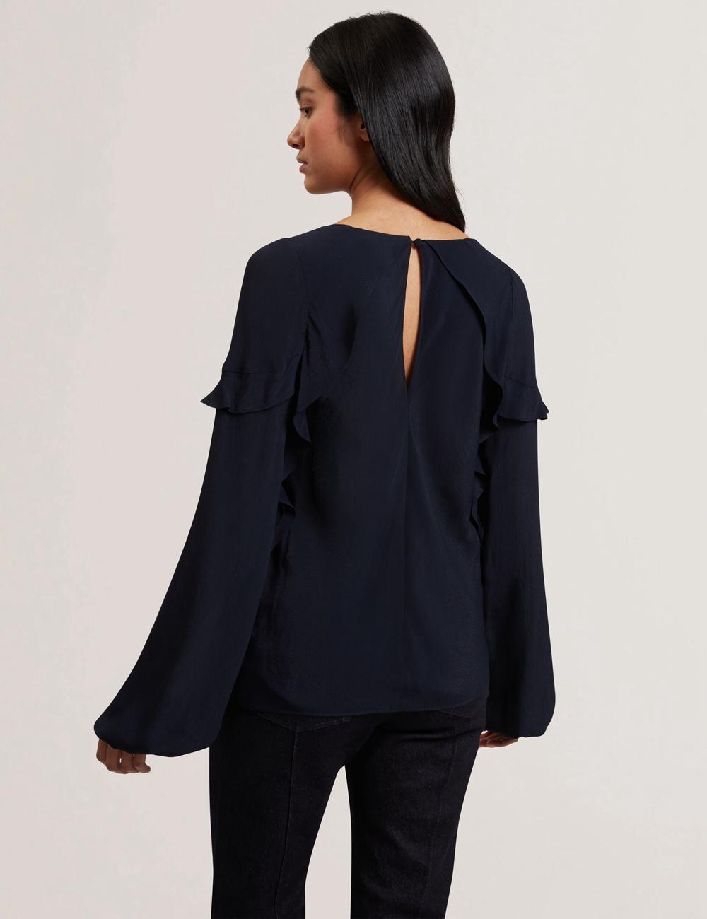 Navy Ted Baker KAYFA - Waterfall Ruffle Trim Long Sleeve Women Blouses | SG  7134-CTPDV