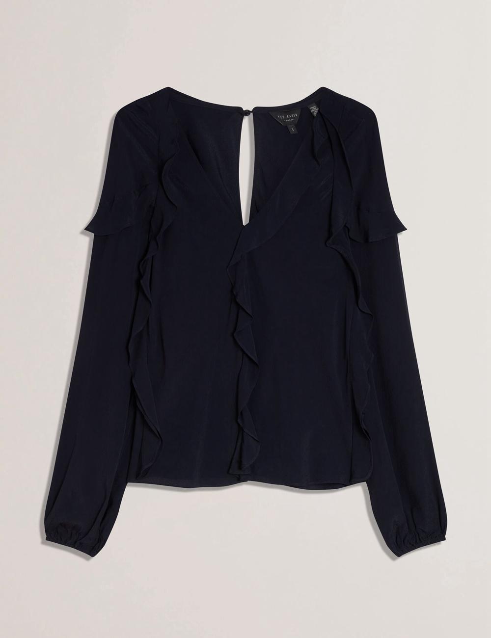 Navy Ted Baker KAYFA - Waterfall Ruffle Trim Long Sleeve Women Blouses | SG  7134-CTPDV