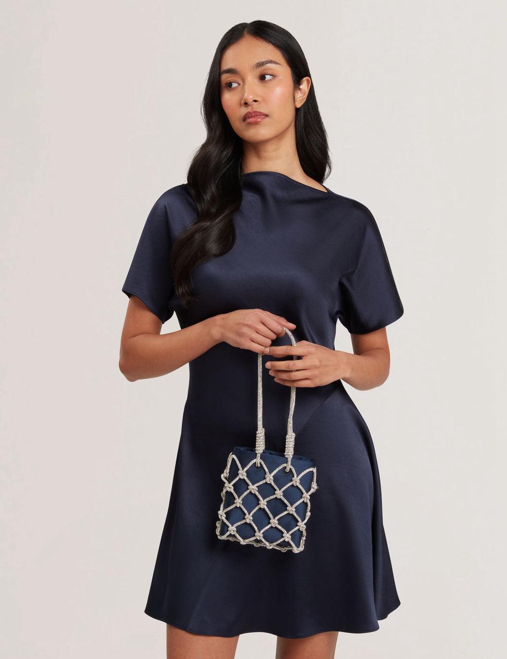 Navy Ted Baker KYLIA - Crystal Cage Satin Mini Women Shoulder Bags | SG  7249-SHWNE