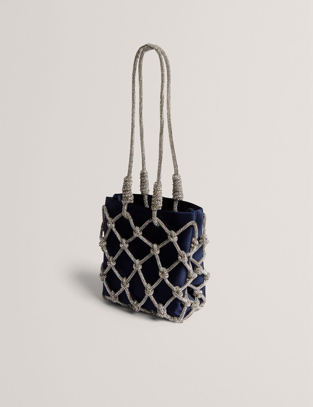 Navy Ted Baker KYLIA - Crystal Cage Satin Mini Women Shoulder Bags | SG  7249-SHWNE