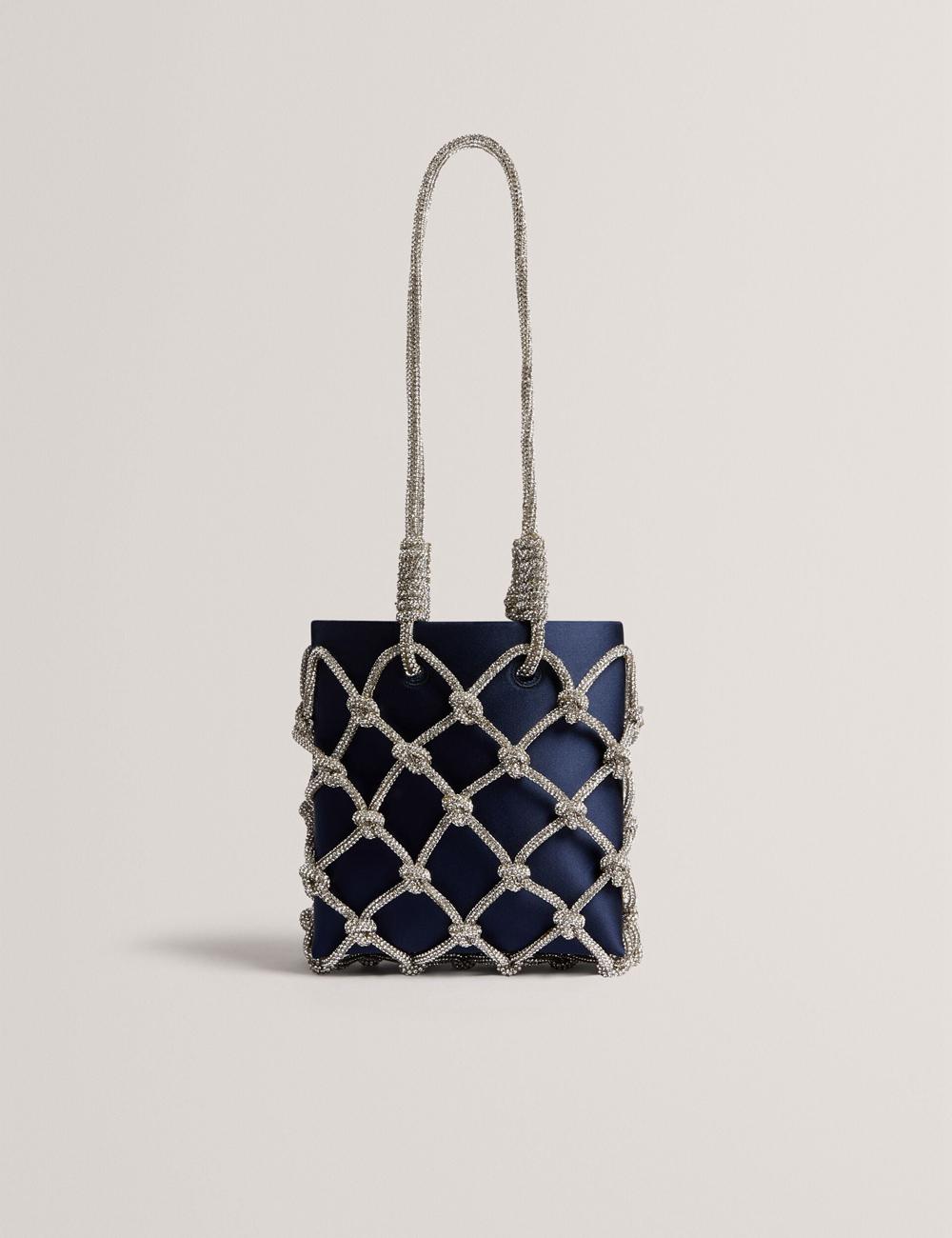 Navy Ted Baker KYLIA - Crystal Cage Satin Mini Women Shoulder Bags | SG  7249-SHWNE