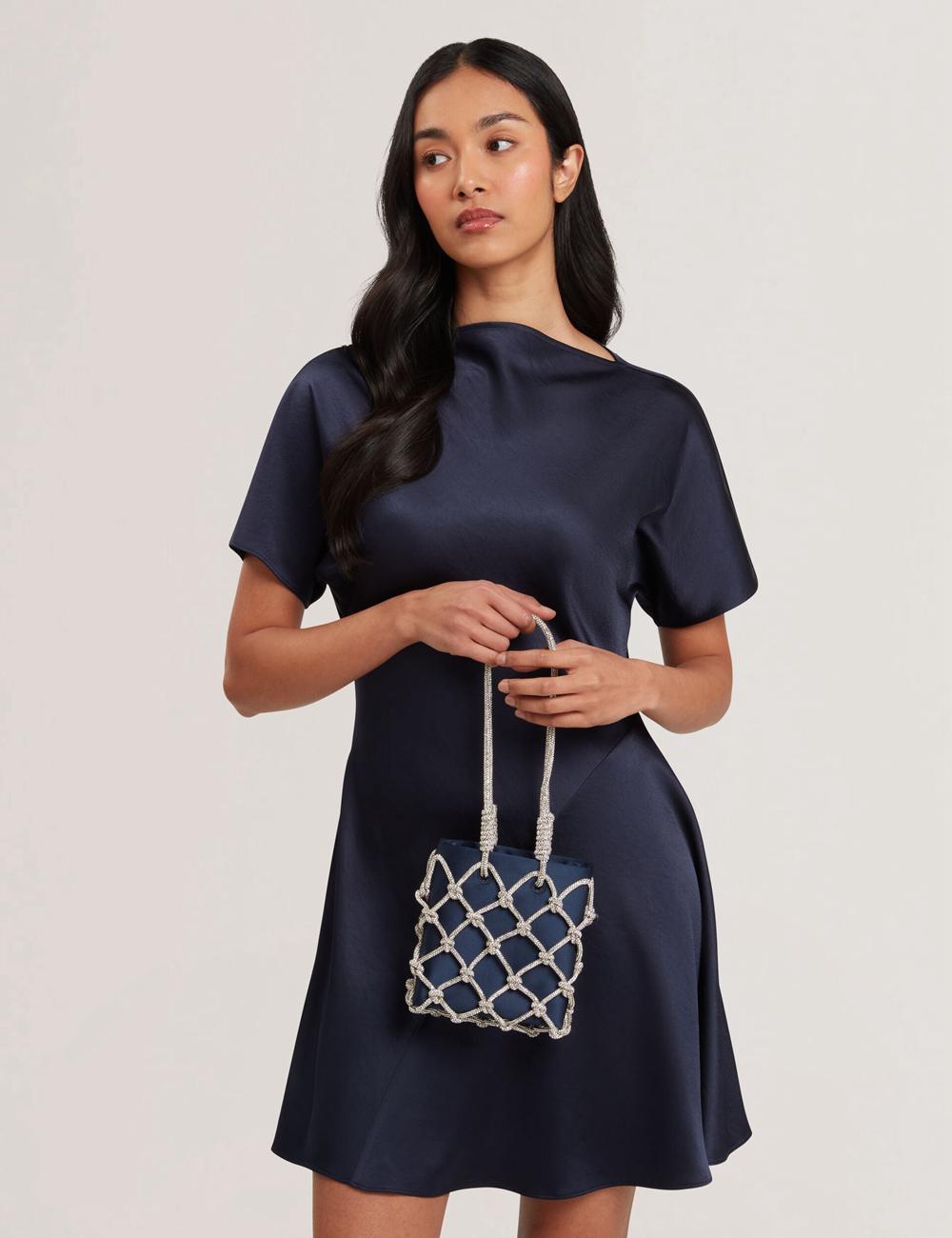 Navy Ted Baker KYLIA - Crystal Cage Satin Mini Women Shoulder Bags | SG  7249-SHWNE